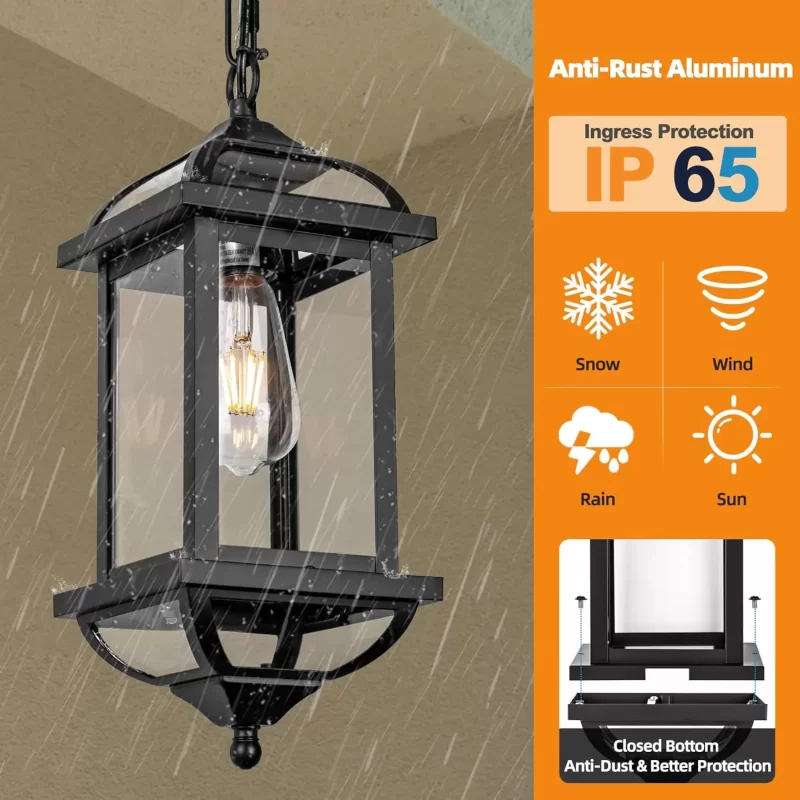 D07049P Large Outdoor Pendant Light Fixture Ceiling 16 Inch, Anti-Rust Aluminum Outdoor Chandelier for Porch with IP65 Waterproof Clear Glass Exterior Ceiling Mount Hanging Light, Matte Black - Image 4
