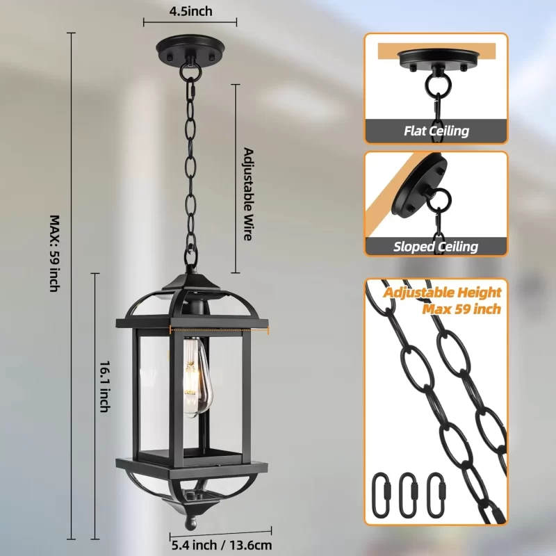 D07049P Large Outdoor Pendant Light Fixture Ceiling 16 Inch, Anti-Rust Aluminum Outdoor Chandelier for Porch with IP65 Waterproof Clear Glass Exterior Ceiling Mount Hanging Light, Matte Black - Image 6