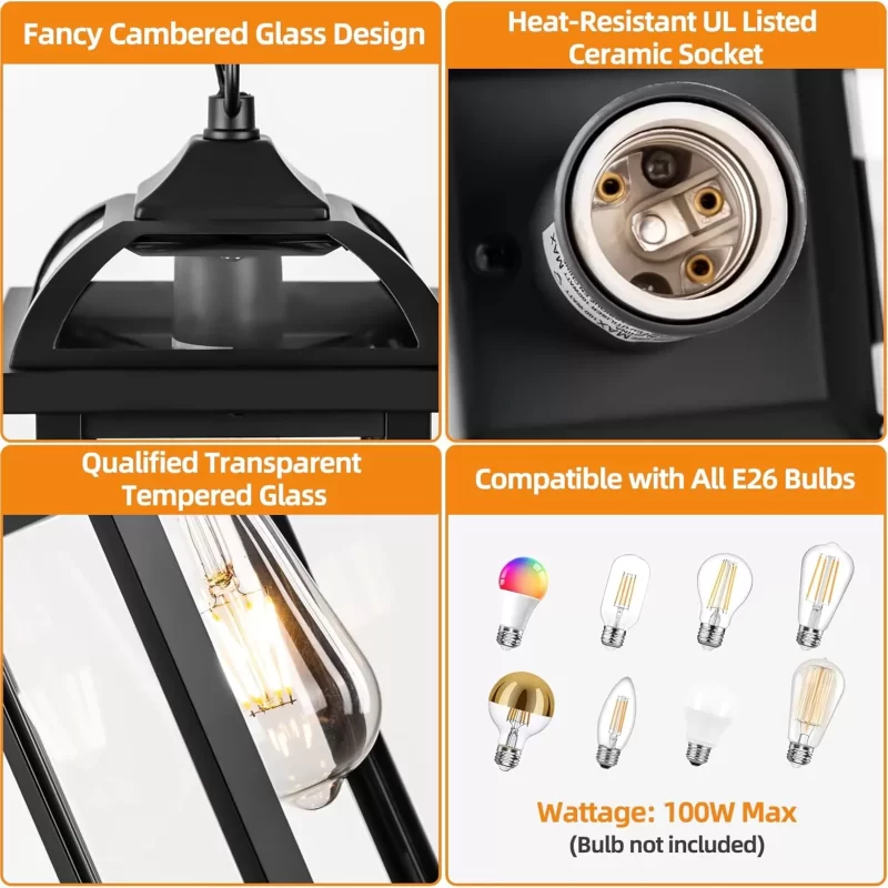 D07049P Large Outdoor Pendant Light Fixture Ceiling 16 Inch, Anti-Rust Aluminum Outdoor Chandelier for Porch with IP65 Waterproof Clear Glass Exterior Ceiling Mount Hanging Light, Matte Black - Image 7