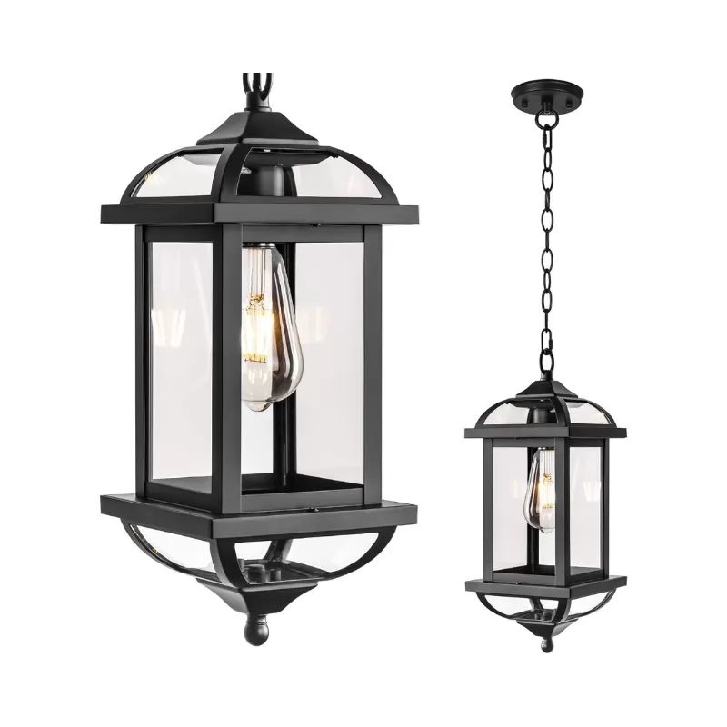 D07049P Large Outdoor Pendant Light Fixture Ceiling 16 Inch, Anti-Rust Aluminum Outdoor Chandelier for Porch with IP65 Waterproof Clear Glass Exterior Ceiling Mount Hanging Light, Matte Black