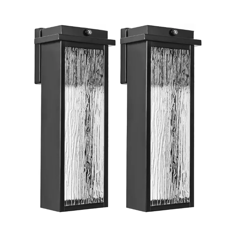 B06104BLP Black LED Dusk to Dawn Outdoor Lighting 2 Packs, 16" Large Outside Farmhouse Wall Lantern, Industrial Porch Wall Mount Light Fixture with Rippled Glass, Waterproof Modern Exterior Sconce Lamp
