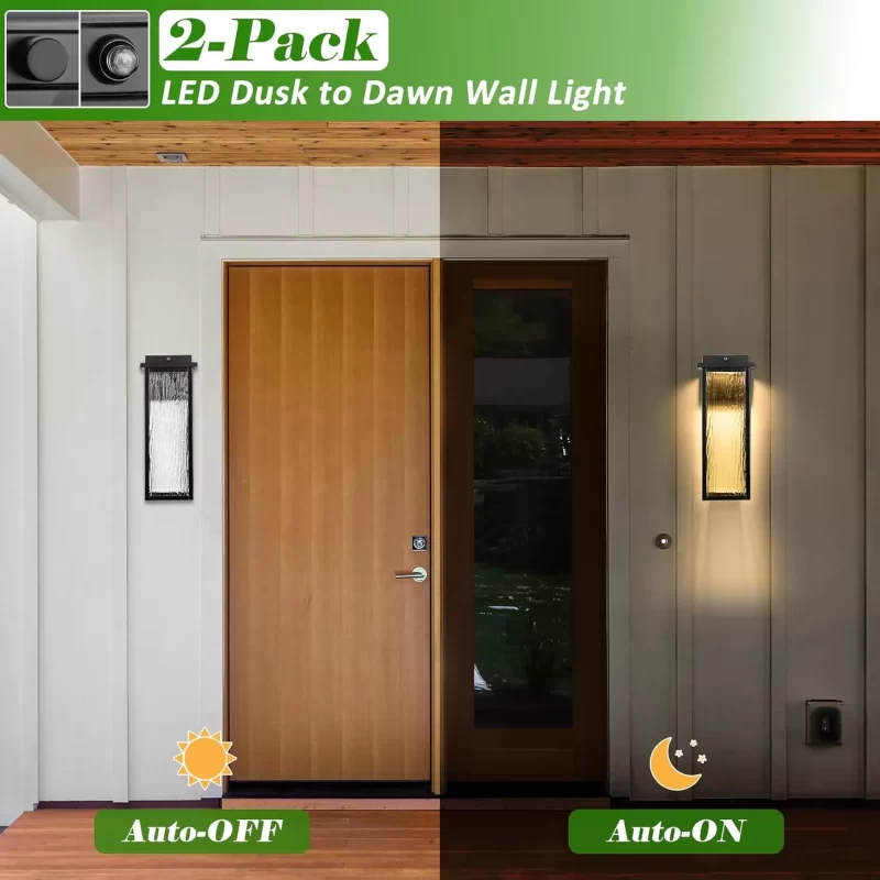 B06104BLP Black LED Dusk to Dawn Outdoor Lighting 2 Packs, 16" Large Outside Farmhouse Wall Lantern, Industrial Porch Wall Mount Light Fixture with Rippled Glass, Waterproof Modern Exterior Sconce Lamp - Image 7