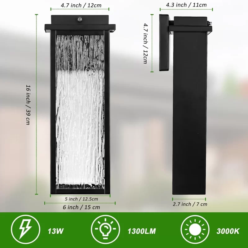 B06104BLP Black LED Dusk to Dawn Outdoor Lighting 2 Packs, 16" Large Outside Farmhouse Wall Lantern, Industrial Porch Wall Mount Light Fixture with Rippled Glass, Waterproof Modern Exterior Sconce Lamp - Image 6