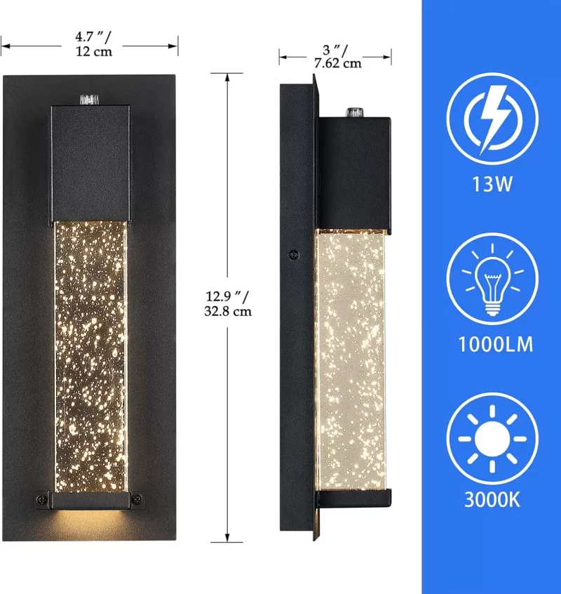 B04016LP LED Dusk to Dawn Outdoor Light Fixture,2 Pack Modern Exterior Wall Sconce Porch Lights, Outside Wall Mount Lighting with Crystal Bubble Glass 13W 3000K for Front Door Patio - Image 7
