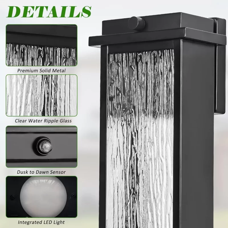 B06104BLP Black LED Dusk to Dawn Outdoor Lighting 2 Packs, 16" Large Outside Farmhouse Wall Lantern, Industrial Porch Wall Mount Light Fixture with Rippled Glass, Waterproof Modern Exterior Sconce Lamp - Image 8