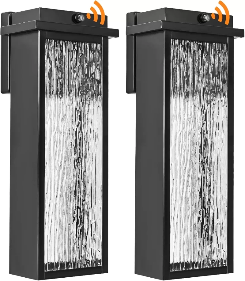 B06104BLP Black LED Dusk to Dawn Outdoor Lighting 2 Packs, 16" Large Outside Farmhouse Wall Lantern, Industrial Porch Wall Mount Light Fixture with Rippled Glass, Waterproof Modern Exterior Sconce Lamp - Image 9