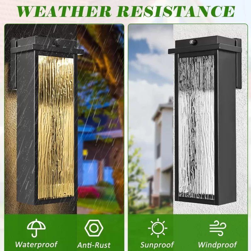 B06104BLP Black LED Dusk to Dawn Outdoor Lighting 2 Packs, 16" Large Outside Farmhouse Wall Lantern, Industrial Porch Wall Mount Light Fixture with Rippled Glass, Waterproof Modern Exterior Sconce Lamp - Image 5