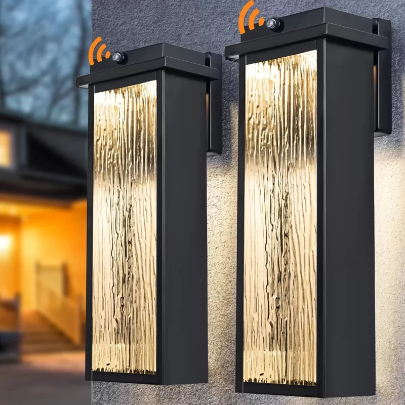 B06104BLP Black LED Dusk to Dawn Outdoor Lighting 2 Packs, 16" Large Outside Farmhouse Wall Lantern, Industrial Porch Wall Mount Light Fixture with Rippled Glass, Waterproof Modern Exterior Sconce Lamp - Image 3