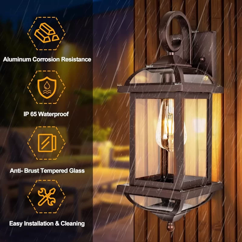 B07049P 18” Bronze Outdoor Wall Lights Exterior Light Fixtures 2-Pack, Porch Lights Outside Sconces Anti-Rust Aluminum Patio Lights for House Clear Glass Wall Mount Lanterns, IP65 Waterproof - Image 3