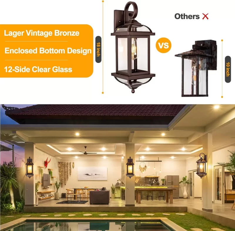 B07049P 18” Bronze Outdoor Wall Lights Exterior Light Fixtures 2-Pack, Porch Lights Outside Sconces Anti-Rust Aluminum Patio Lights for House Clear Glass Wall Mount Lanterns, IP65 Waterproof - Image 6