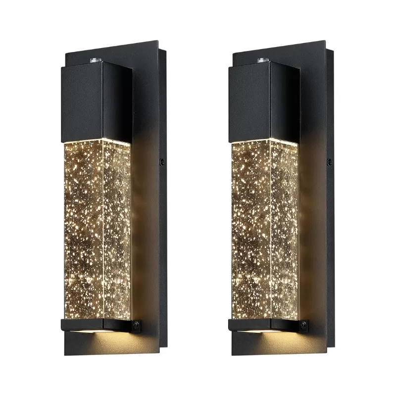 B04016LP LED Dusk to Dawn Outdoor Light Fixture,2 Pack Modern Exterior Wall Sconce Porch Lights, Outside Wall Mount Lighting with Crystal Bubble Glass 13W 3000K for Front Door Patio