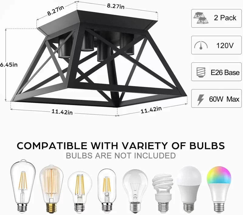 X11017P 2 Pack Semi Flush Mount Ceiling Light, 4-Light Kitchen Ceiling Lighting Fixtures, Industrial Farmhouse Closed to Ceiling Lamp for Hallway Porch Dining Room(Matte Black) - Image 3