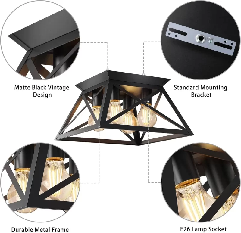 X11017P 2 Pack Semi Flush Mount Ceiling Light, 4-Light Kitchen Ceiling Lighting Fixtures, Industrial Farmhouse Closed to Ceiling Lamp for Hallway Porch Dining Room(Matte Black) - Image 8
