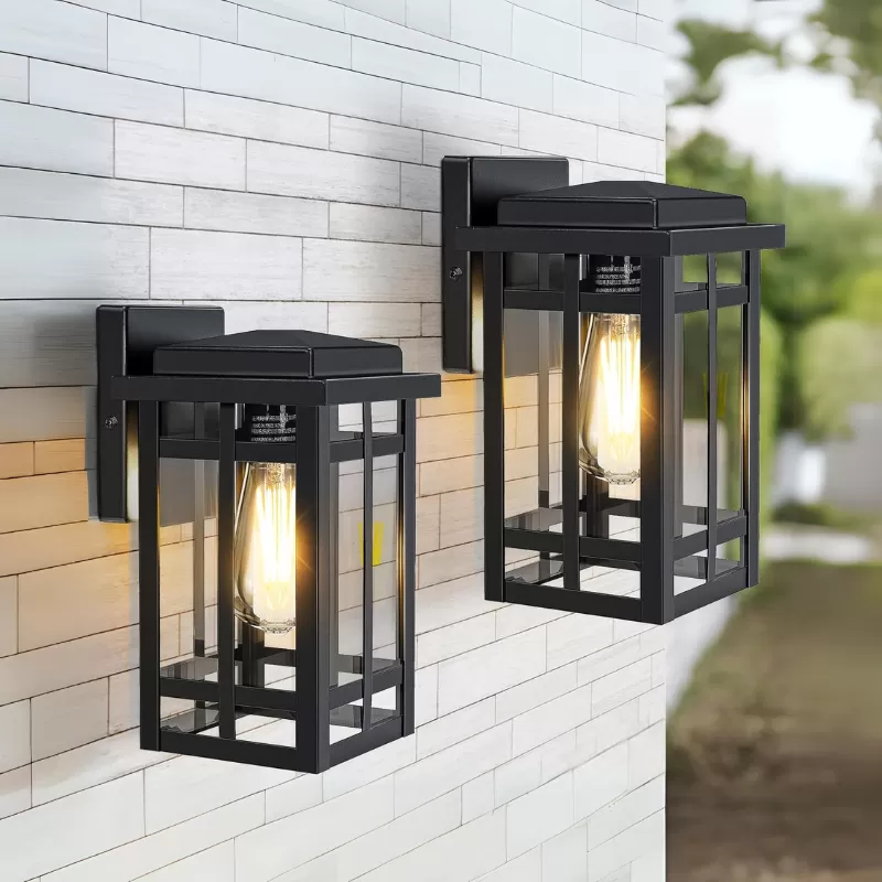 WL308B B05061P Outdoor Wall Light Fixtures, Exterior Waterproof Lanterns, Porch Sconces Wall Mounted Lighting with E26 Sockets & Glass Shades, Modern Matte Black Wall Lamps for Patio Front Door Entryway, 2-Pack