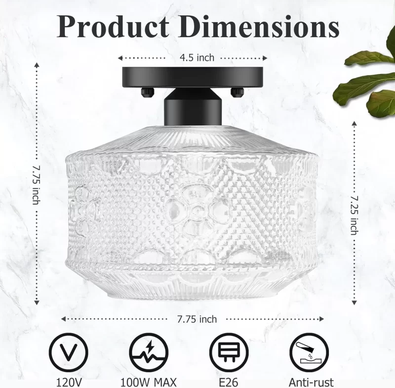 X07042CP Semi Flush Mount Ceiling Light, Black Hallway Glass Ceiling Light Fixture, Farmhouse Kitchen Light Fixture Ceiling Mount, Industrial Globe Close to Ceiling Light for Bathroom Bedroom Living Room Porch - Image 5
