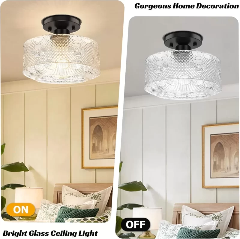 X07042CP Semi Flush Mount Ceiling Light, Black Hallway Glass Ceiling Light Fixture, Farmhouse Kitchen Light Fixture Ceiling Mount, Industrial Globe Close to Ceiling Light for Bathroom Bedroom Living Room Porch - Image 4