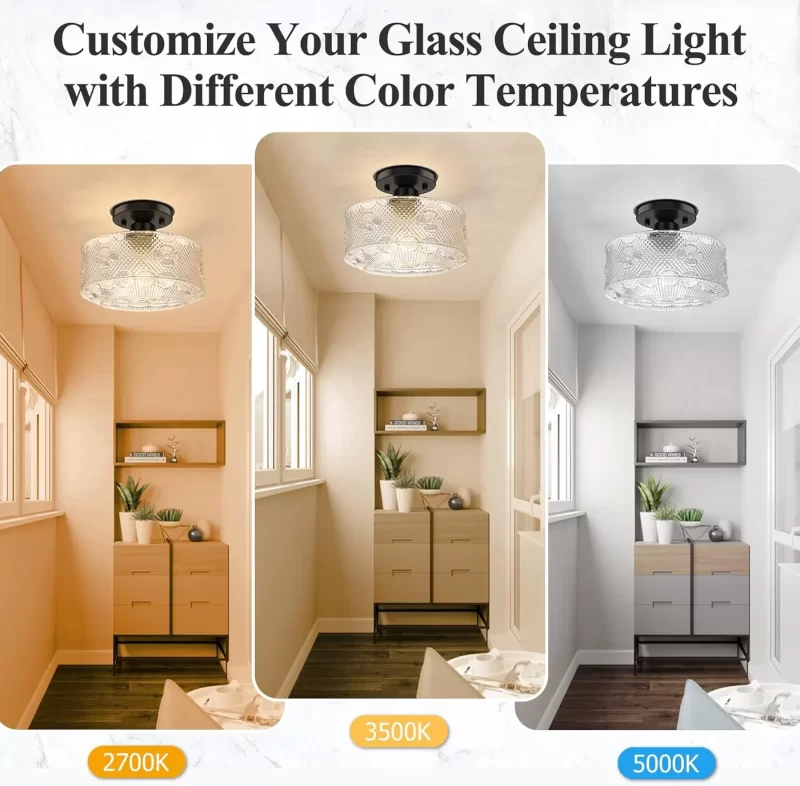X07042CP Semi Flush Mount Ceiling Light, Black Hallway Glass Ceiling Light Fixture, Farmhouse Kitchen Light Fixture Ceiling Mount, Industrial Globe Close to Ceiling Light for Bathroom Bedroom Living Room Porch - Image 3