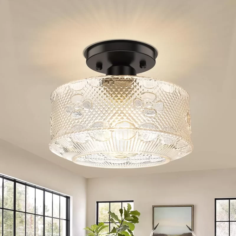 X07042CP Semi Flush Mount Ceiling Light, Black Hallway Glass Ceiling Light Fixture, Farmhouse Kitchen Light Fixture Ceiling Mount, Industrial Globe Close to Ceiling Light for Bathroom Bedroom Living Room Porch