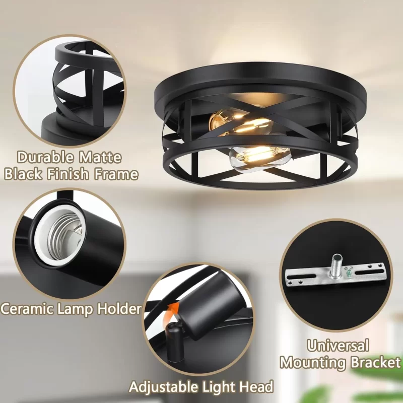 X10023P 2-Light Flush Mount Ceiling Light Fixtures, 2-Pack Farmhouse Black Ceiling Lights, Industrial Metal Cage Light Fixtures Ceiling Mounted with Adjustable Head, Ceiling Lights for Bedroom Hallway Kitchen - Image 4