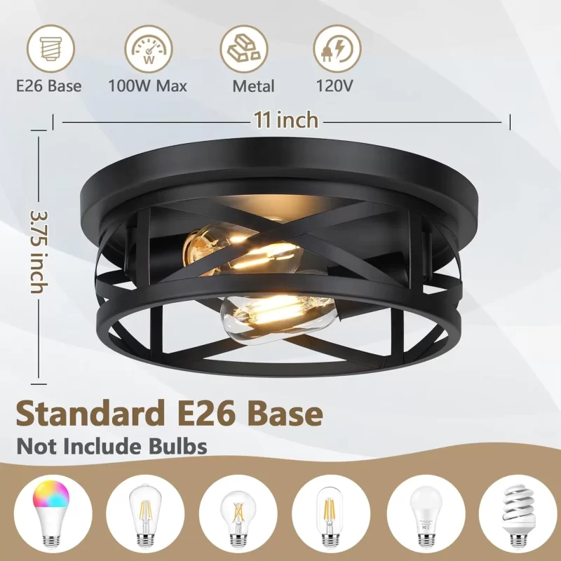 X10023P 2-Light Flush Mount Ceiling Light Fixtures, 2-Pack Farmhouse Black Ceiling Lights, Industrial Metal Cage Light Fixtures Ceiling Mounted with Adjustable Head, Ceiling Lights for Bedroom Hallway Kitchen - Image 7