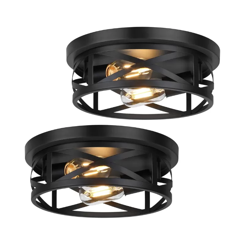 X10023P 2-Light Flush Mount Ceiling Light Fixtures, 2-Pack Farmhouse Black Ceiling Lights, Industrial Metal Cage Light Fixtures Ceiling Mounted with Adjustable Head, Ceiling Lights for Bedroom Hallway Kitchen