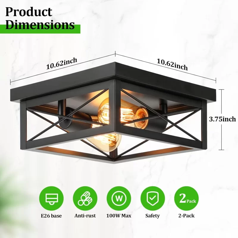 X11016P 2-Light Industrial Square Flush Mount Ceiling Light, Farmhouse Ceiling Light Fixture for Kitchen, Modern Black Close to Ceiling Light for Hallway Bedroom Balcony Porch Stairway, E26, 2-Pack - Image 3