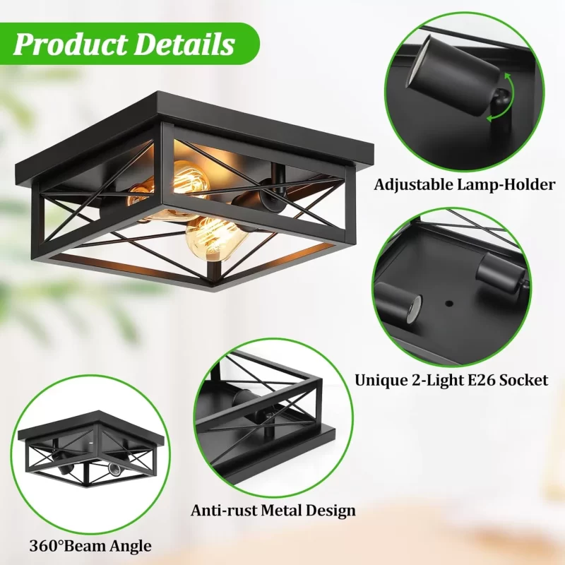X11016P 2-Light Industrial Square Flush Mount Ceiling Light, Farmhouse Ceiling Light Fixture for Kitchen, Modern Black Close to Ceiling Light for Hallway Bedroom Balcony Porch Stairway, E26, 2-Pack - Image 4
