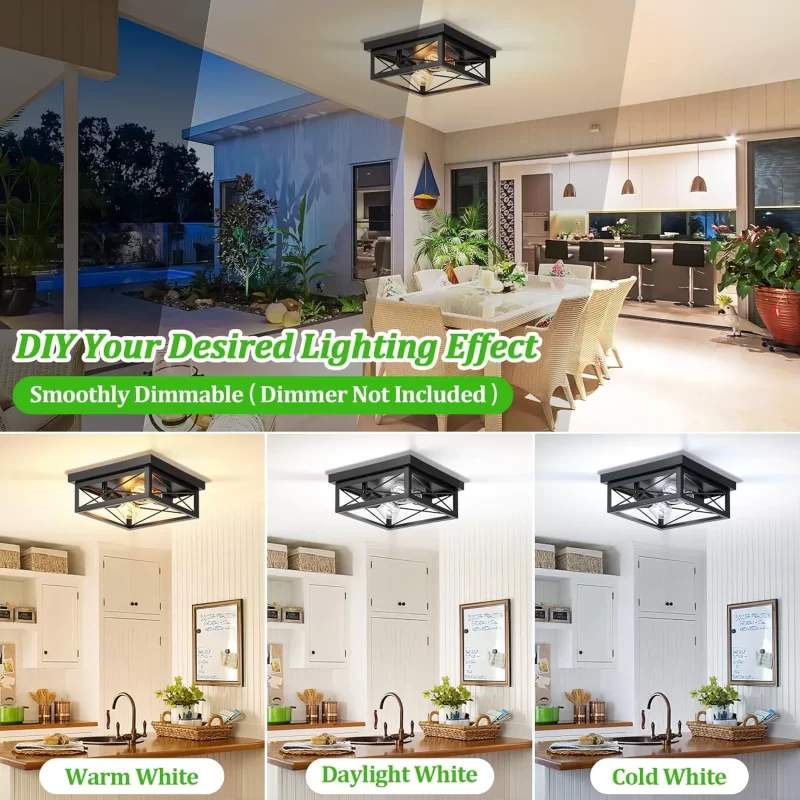 X11016P 2-Light Industrial Square Flush Mount Ceiling Light, Farmhouse Ceiling Light Fixture for Kitchen, Modern Black Close to Ceiling Light for Hallway Bedroom Balcony Porch Stairway, E26, 2-Pack - Image 5