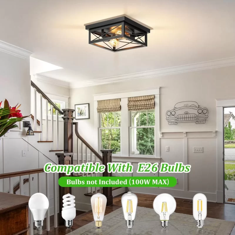 X11016P 2-Light Industrial Square Flush Mount Ceiling Light, Farmhouse Ceiling Light Fixture for Kitchen, Modern Black Close to Ceiling Light for Hallway Bedroom Balcony Porch Stairway, E26, 2-Pack - Image 6