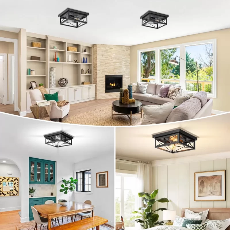 X11016P 2-Light Industrial Square Flush Mount Ceiling Light, Farmhouse Ceiling Light Fixture for Kitchen, Modern Black Close to Ceiling Light for Hallway Bedroom Balcony Porch Stairway, E26, 2-Pack - Image 8