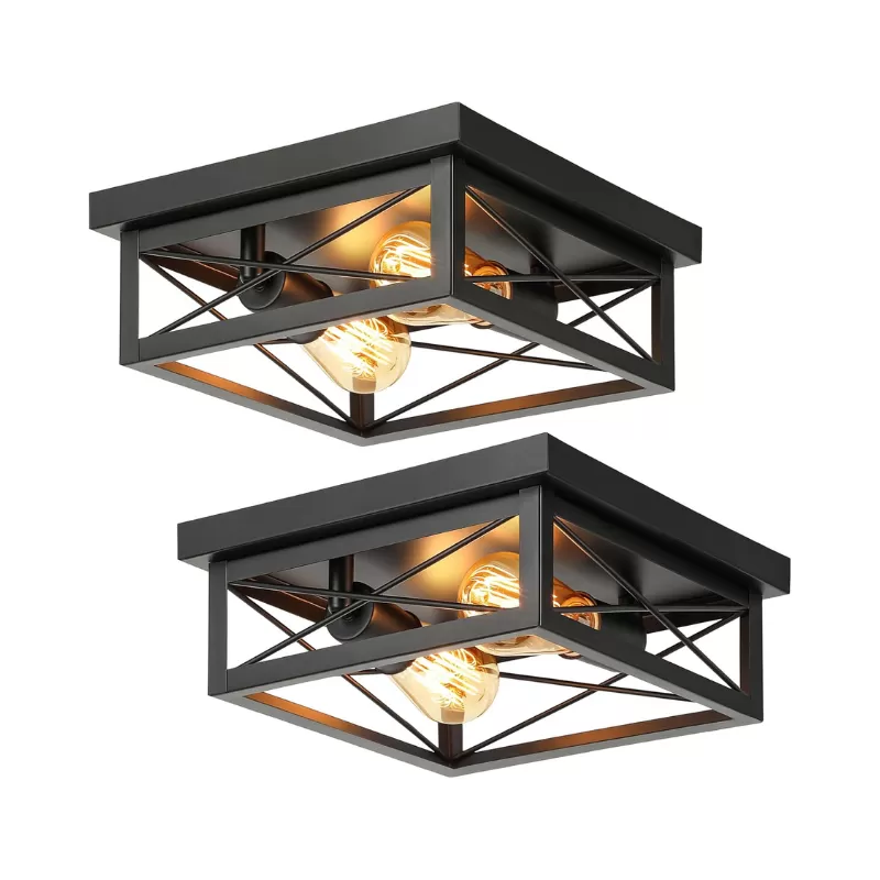 X11016P 2-Light Industrial Square Flush Mount Ceiling Light, Farmhouse Ceiling Light Fixture for Kitchen, Modern Black Close to Ceiling Light for Hallway Bedroom Balcony Porch Stairway, E26, 2-Pack