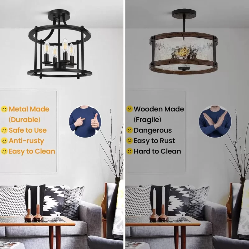 X12002BP Farmhouse Semi Flush Mount Ceiling Light Fixture, 4-Light Industrial Ceiling Light w/ E12 Base Metal Rustic Vintage Chandelier Lighting for Kitchen Dining Room Hallway Entryway Foyer (Matte Black) - Image 4