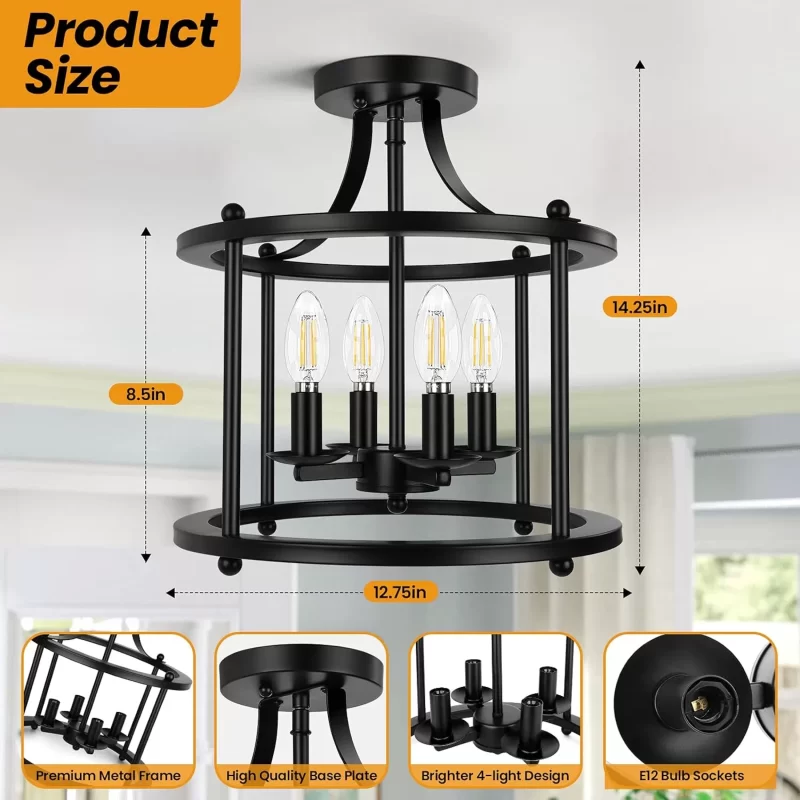 X12002BP Farmhouse Semi Flush Mount Ceiling Light Fixture, 4-Light Industrial Ceiling Light w/ E12 Base Metal Rustic Vintage Chandelier Lighting for Kitchen Dining Room Hallway Entryway Foyer (Matte Black) - Image 6