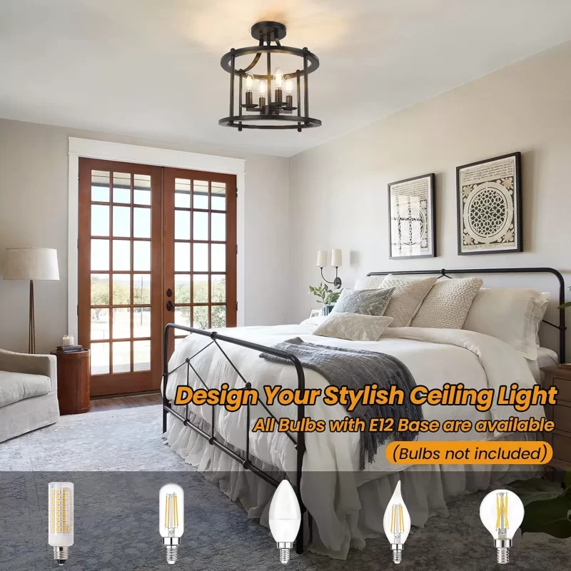X12002BP Farmhouse Semi Flush Mount Ceiling Light Fixture, 4-Light Industrial Ceiling Light w/ E12 Base Metal Rustic Vintage Chandelier Lighting for Kitchen Dining Room Hallway Entryway Foyer (Matte Black) - Image 7