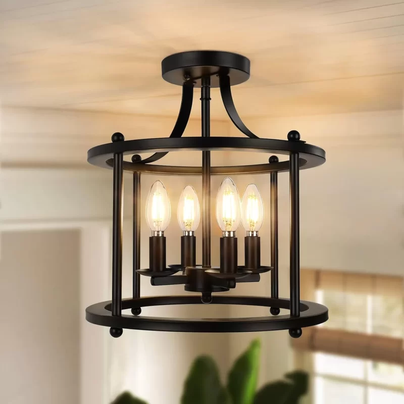 X12002BP Farmhouse Semi Flush Mount Ceiling Light Fixture, 4-Light Industrial Ceiling Light w/ E12 Base Metal Rustic Vintage Chandelier Lighting for Kitchen Dining Room Hallway Entryway Foyer (Matte Black)