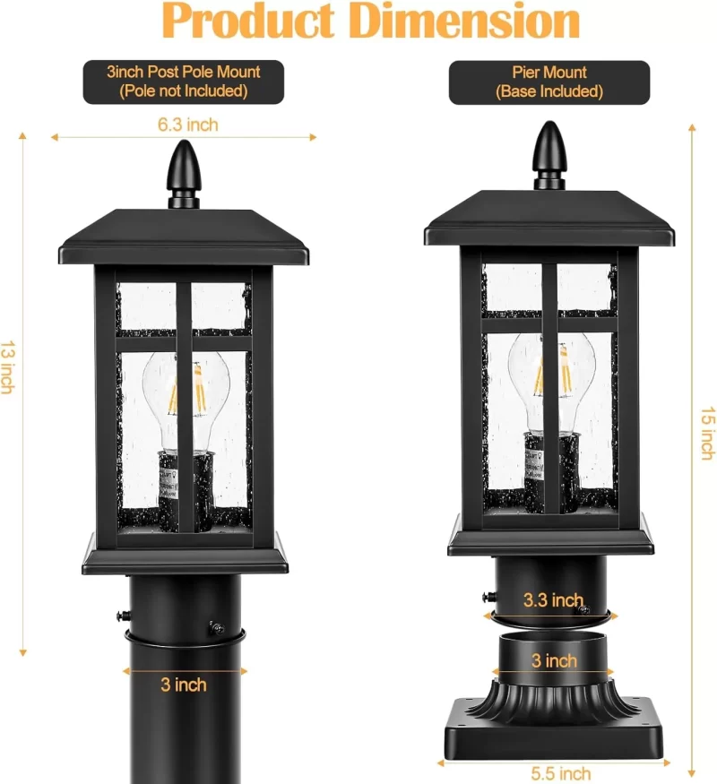 Z06098PP Outdoor Post Light 2 Packs Dusk to Dawn, Post Lights Outdoor Electric with Pier Mount, Black Waterproof Pole Lights, Lamp Posts Outdoor Lighting Hard Wired for Yard, Driveway, Path - Image 2