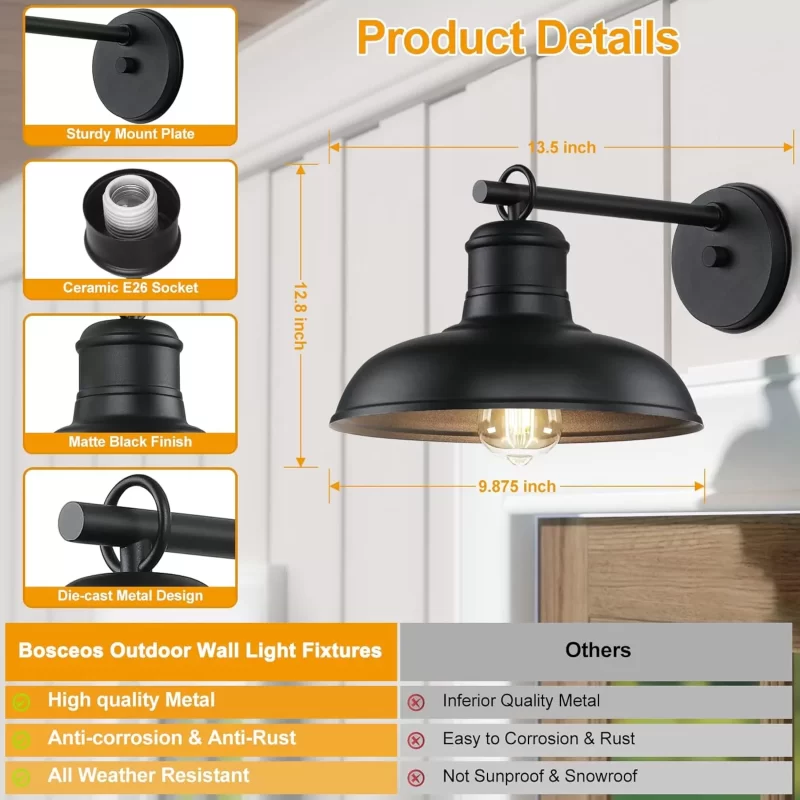 B10019P Outdoor Wall Lights - 2-Pack Black Wall Sconces, Farmhouse Barn Lights, Modern Indoor Wall Mount Lighting Fixtures with E26 Socket, Anti-Rust Waterproof Exterior Wall Lantern for Patio Porch Doorway - Image 6