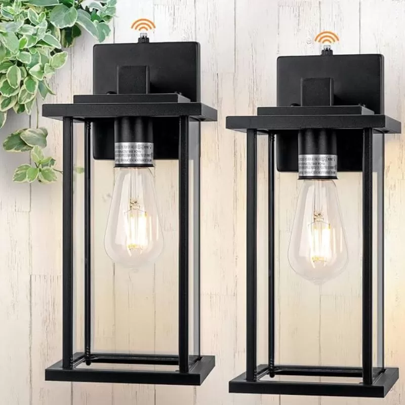 B06139PP Dusk to Dawn Outdoor Wall Light, Outdoor Wall Lamps for Patio, Black Dusk to Dawn Outdoor Wall Lantern, Exterior Lighting Fixtures with Tempered Glass for House, Porch, Garden, Garage 2-Pack