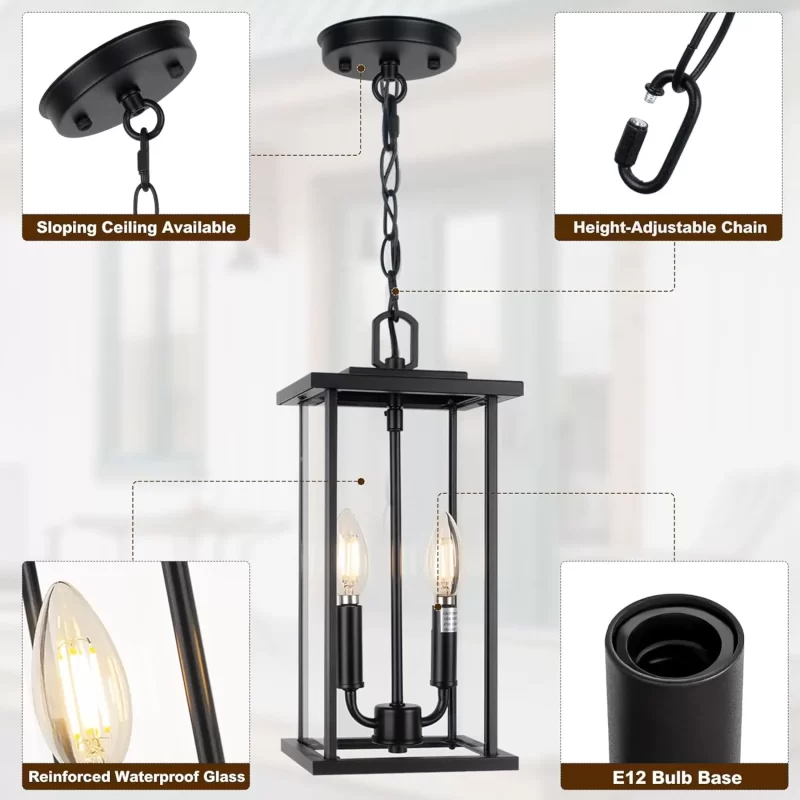 D07056P Large 16" Outdoor Pendant Lantern, 2-Light Black Modern Exterior Hanging Light Fixture, Adjustable Chain,Waterproof Outdoor Chandelier for Porch Entryway Balcony, 1-Pack - Image 2