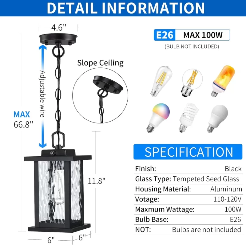 D06116PP Outdoor Chandelier for Gazebo Dusk to Dawn, Outdoor Pendant Light for Porch with Adjustable Chain & Tempered Glass, Farmhouse Exterior Hanging Lantern Light Fixture for Patio Entryway Garage, 1Pack - Image 5
