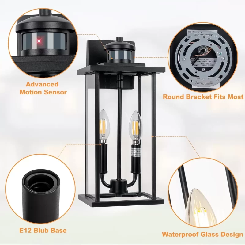 B06139PP Dusk to Dawn Outdoor Wall Light, Outdoor Wall Lamps for Patio, Black Dusk to Dawn Outdoor Wall Lantern, Exterior Lighting Fixtures with Tempered Glass for House, Porch, Garden, Garage 2-Pack - Image 3