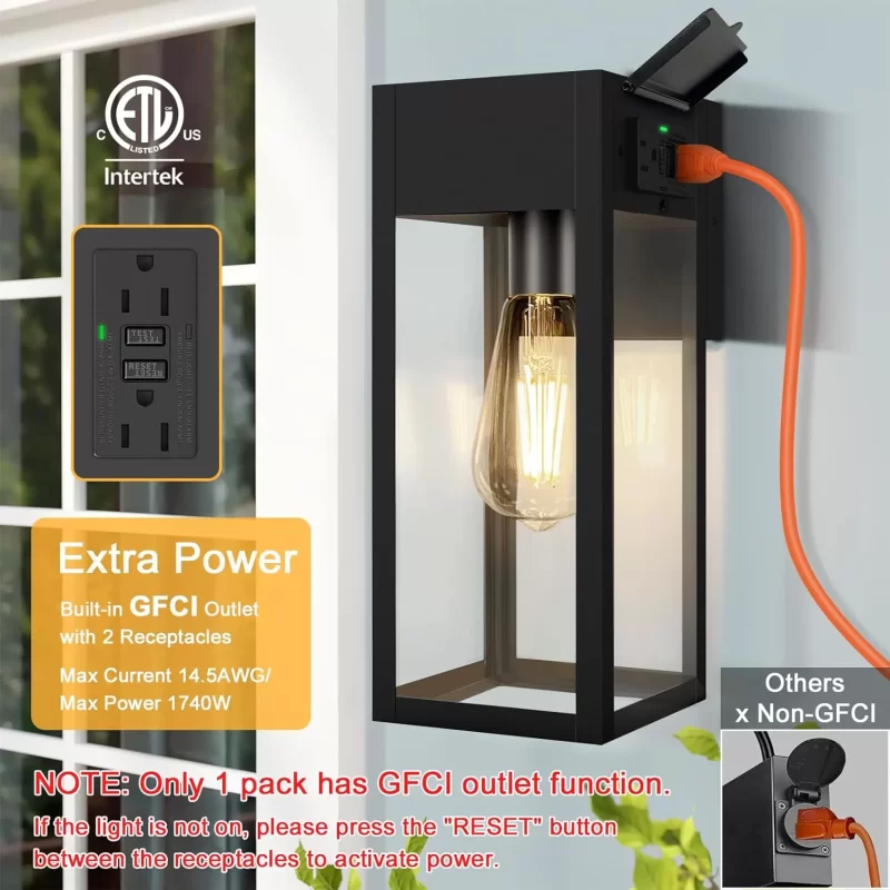 B05053GP/B05053P 2 Pack Porch Lights Outdoor Wall Sconce, Outdoor Light with GFCI Outlet, Waterproof Exterior Wall Lantern Light Fixtures, Anti-Rust Wall Lamp with Clear Glass for Patio Doorway Garage - Image 2