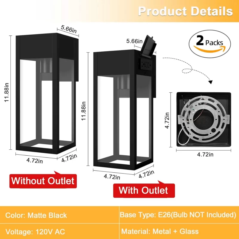 B05053GP/B05053P 2 Pack Porch Lights Outdoor Wall Sconce, Outdoor Light with GFCI Outlet, Waterproof Exterior Wall Lantern Light Fixtures, Anti-Rust Wall Lamp with Clear Glass for Patio Doorway Garage - Image 6