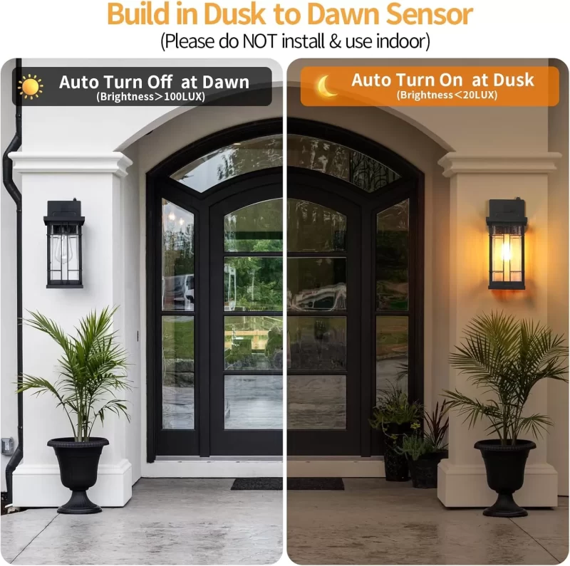 B05076PP Porch Lights Outdoor Wall Lights Exterior Dusk to Dawn, 2 Pack Waterproof Black Outdoor Lighting Fixtures Wall Mount with Tempered Seed Glass, 13" Anti-Rust Outside Wall Lantern for House Garage Patio - Image 2