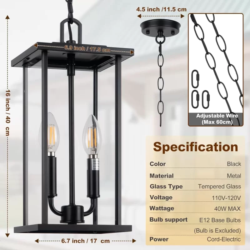 D07056P Large 16" Outdoor Pendant Lantern, 2-Light Black Modern Exterior Hanging Light Fixture, Adjustable Chain,Waterproof Outdoor Chandelier for Porch Entryway Balcony, 1-Pack - Image 4