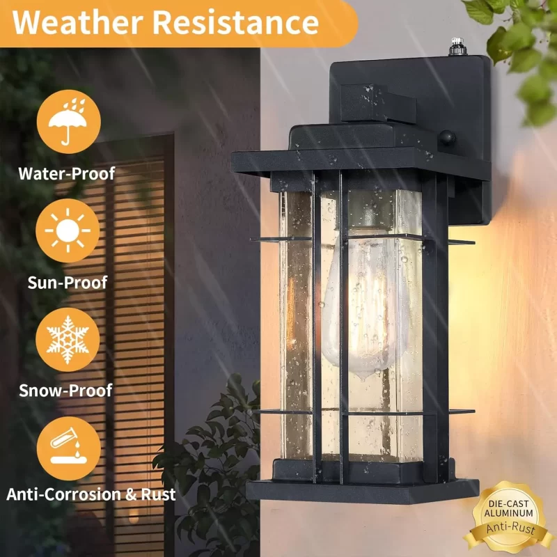 B05076PP Porch Lights Outdoor Wall Lights Exterior Dusk to Dawn, 2 Pack Waterproof Black Outdoor Lighting Fixtures Wall Mount with Tempered Seed Glass, 13" Anti-Rust Outside Wall Lantern for House Garage Patio - Image 3