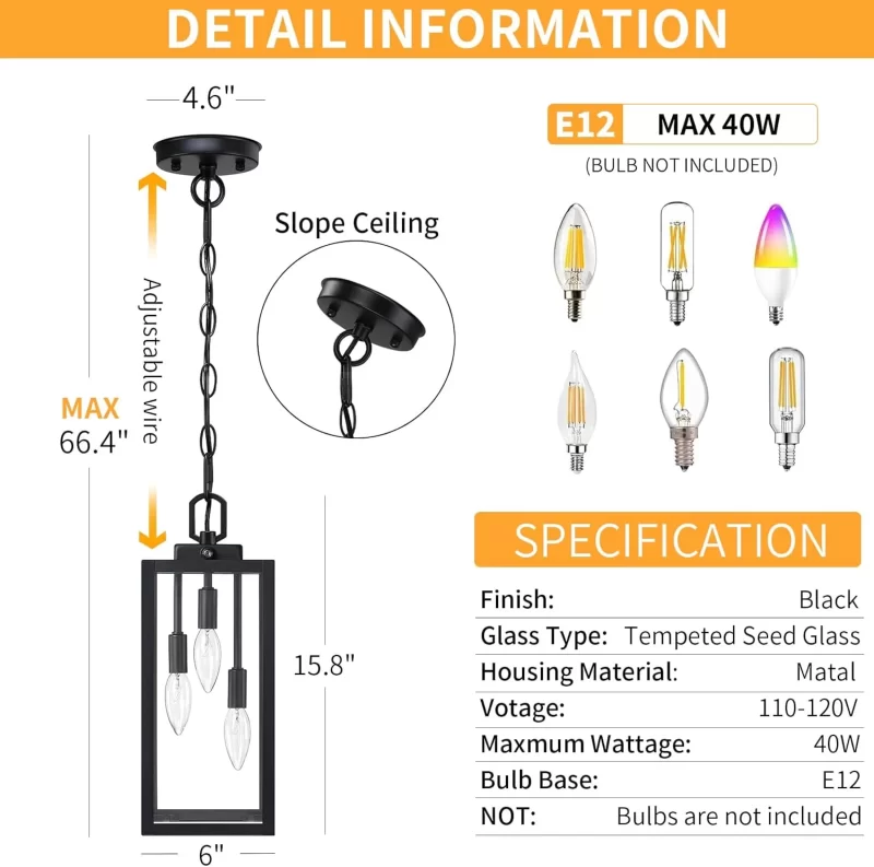 D06127PP Large Dusk to Dawn Outdoor Pendant Light for Porch 1 Pack, 15.8'' Modern Outdoor Chandelier for Gazebo with Clear Glass, Black Outside Hanging Lighting Fixture for Front Foyer Entryway - Image 2