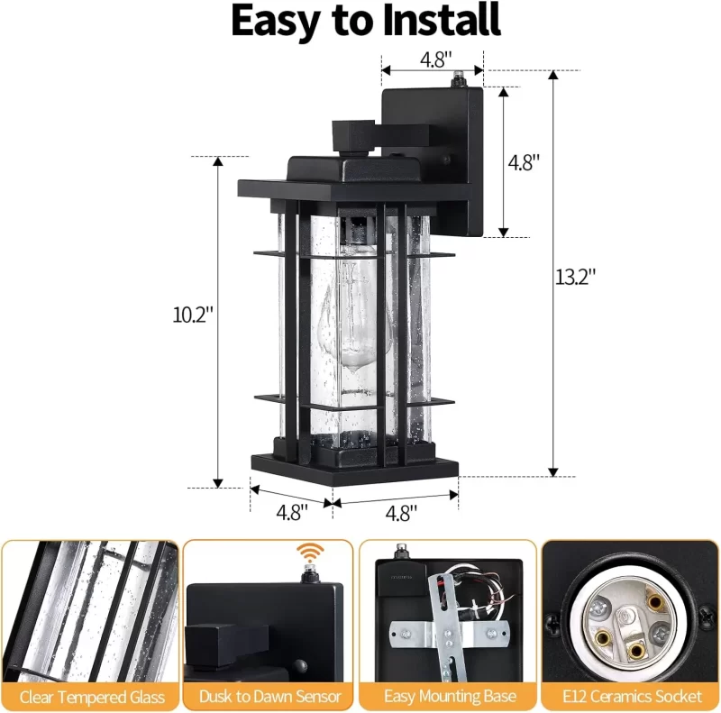 B05076PP Porch Lights Outdoor Wall Lights Exterior Dusk to Dawn, 2 Pack Waterproof Black Outdoor Lighting Fixtures Wall Mount with Tempered Seed Glass, 13" Anti-Rust Outside Wall Lantern for House Garage Patio - Image 4