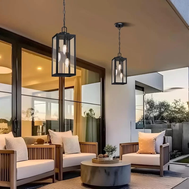 D06127PP Large Dusk to Dawn Outdoor Pendant Light for Porch 1 Pack, 15.8'' Modern Outdoor Chandelier for Gazebo with Clear Glass, Black Outside Hanging Lighting Fixture for Front Foyer Entryway - Image 6