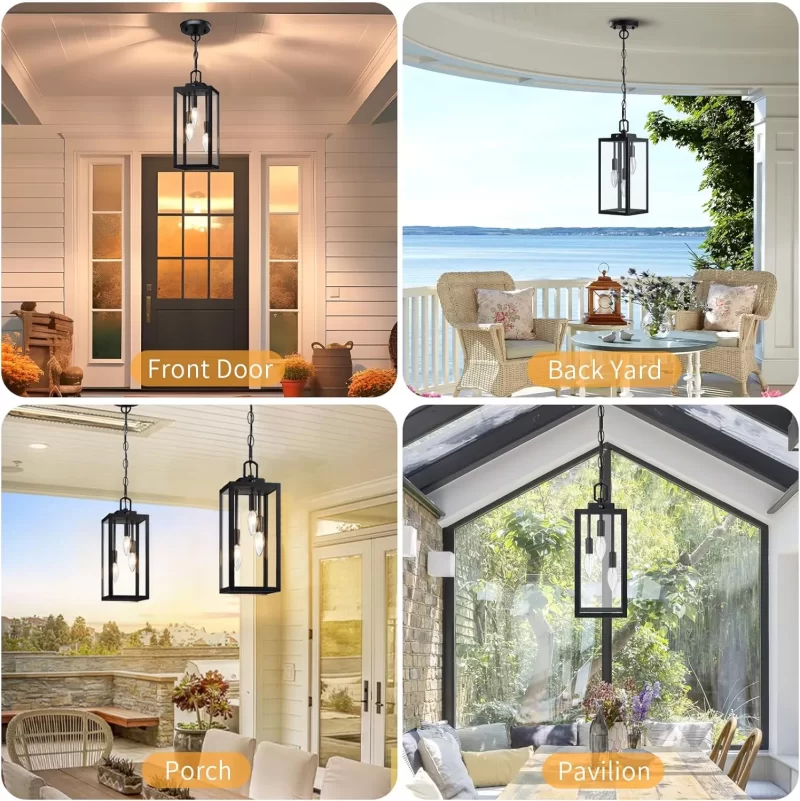 D06127PP Large Dusk to Dawn Outdoor Pendant Light for Porch 1 Pack, 15.8'' Modern Outdoor Chandelier for Gazebo with Clear Glass, Black Outside Hanging Lighting Fixture for Front Foyer Entryway - Image 7